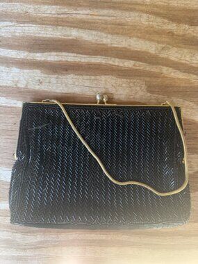 Vintage Beaded Evening Clutch Black Rhinestone Kiss Lock Purse Gold Chain